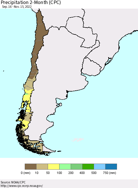 Chile Precipitation 2-Month (CPC) Thematic Map For 9/16/2022 - 11/15/2022