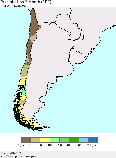 Chile Precipitation 2-Month (CPC) Thematic Map For 3/26/2023 - 5/25/2023