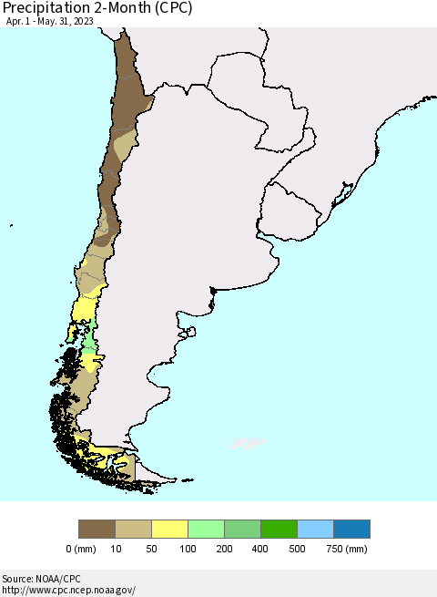 Chile Precipitation 2-Month (CPC) Thematic Map For 4/1/2023 - 5/31/2023