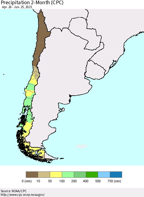 Chile Precipitation 2-Month (CPC) Thematic Map For 4/26/2023 - 6/25/2023