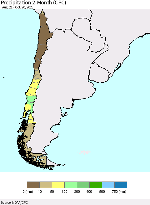 Chile Precipitation 2-Month (CPC) Thematic Map For 8/21/2023 - 10/20/2023