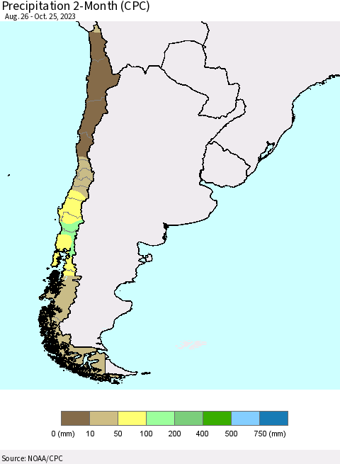 Chile Precipitation 2-Month (CPC) Thematic Map For 8/26/2023 - 10/25/2023