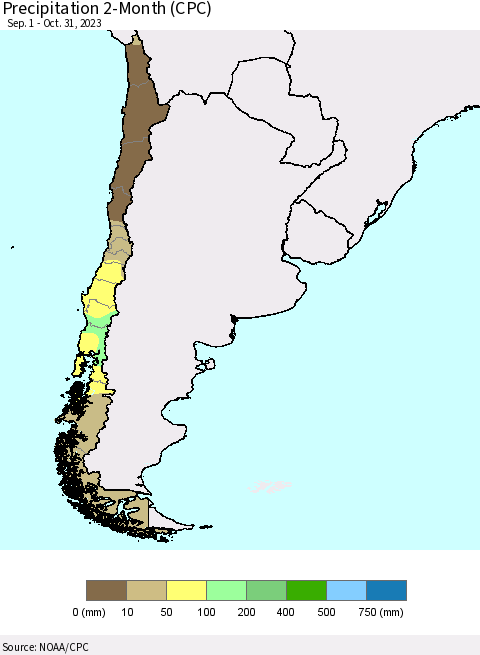 Chile Precipitation 2-Month (CPC) Thematic Map For 9/1/2023 - 10/31/2023