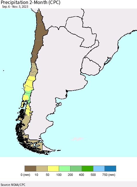 Chile Precipitation 2-Month (CPC) Thematic Map For 9/6/2023 - 11/5/2023