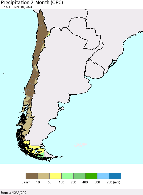 Chile Precipitation 2-Month (CPC) Thematic Map For 1/11/2024 - 3/10/2024