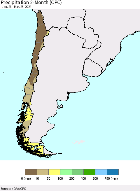 Chile Precipitation 2-Month (CPC) Thematic Map For 1/26/2024 - 3/25/2024