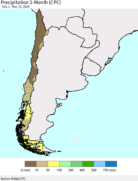 Chile Precipitation 2-Month (CPC) Thematic Map For 2/1/2024 - 3/31/2024