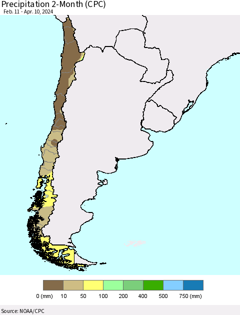 Chile Precipitation 2-Month (CPC) Thematic Map For 2/11/2024 - 4/10/2024