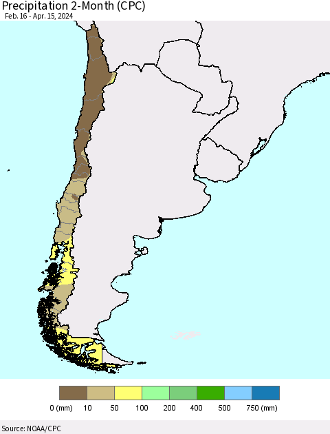 Chile Precipitation 2-Month (CPC) Thematic Map For 2/16/2024 - 4/15/2024