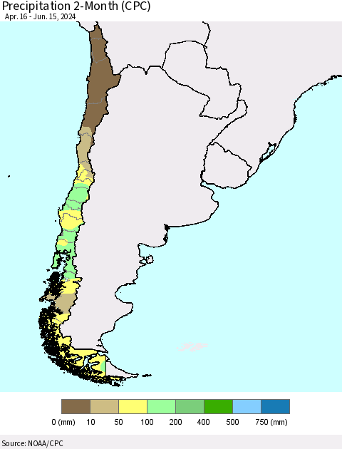 Chile Precipitation 2-Month (CPC) Thematic Map For 4/16/2024 - 6/15/2024