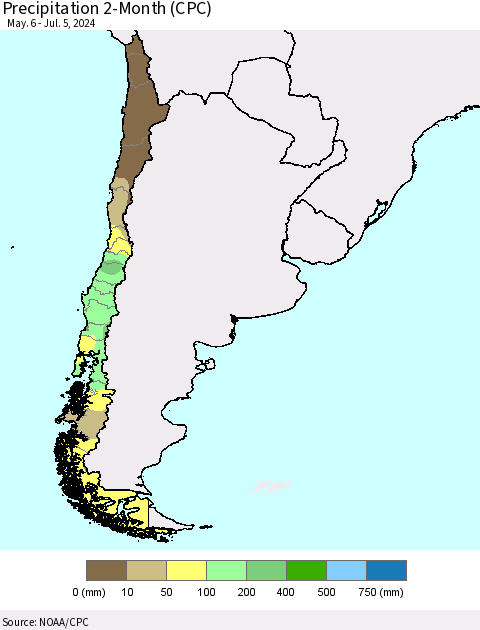 Chile Precipitation 2-Month (CPC) Thematic Map For 5/6/2024 - 7/5/2024