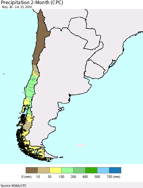 Chile Precipitation 2-Month (CPC) Thematic Map For 5/26/2024 - 7/25/2024