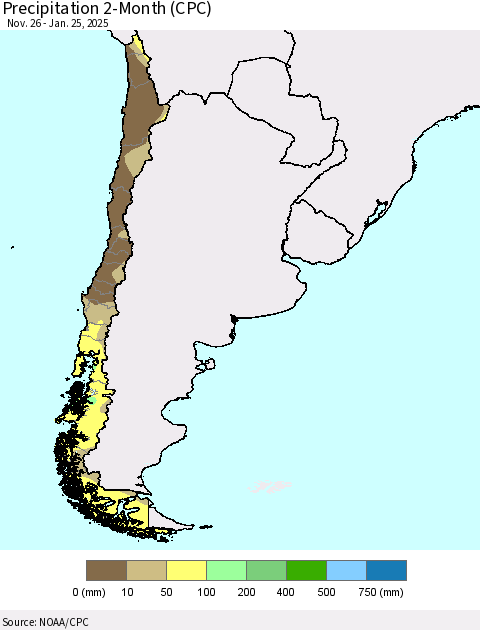 Chile Precipitation 2-Month (CPC) Thematic Map For 11/26/2024 - 1/25/2025