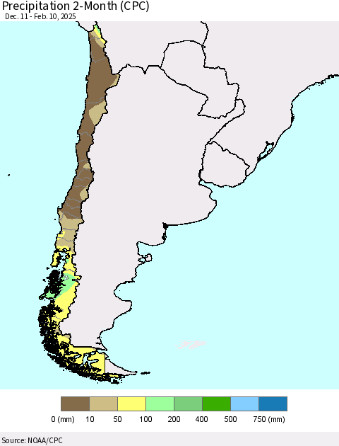 Chile Precipitation 2-Month (CPC) Thematic Map For 12/11/2024 - 2/10/2025