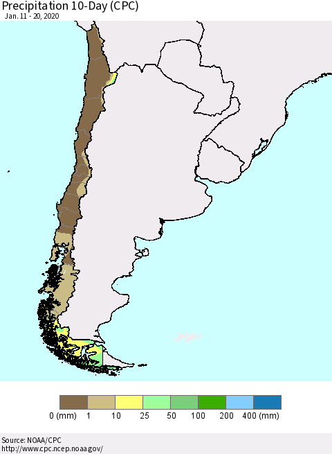 Chile Precipitation 10-Day (CPC) Thematic Map For 1/11/2020 - 1/20/2020