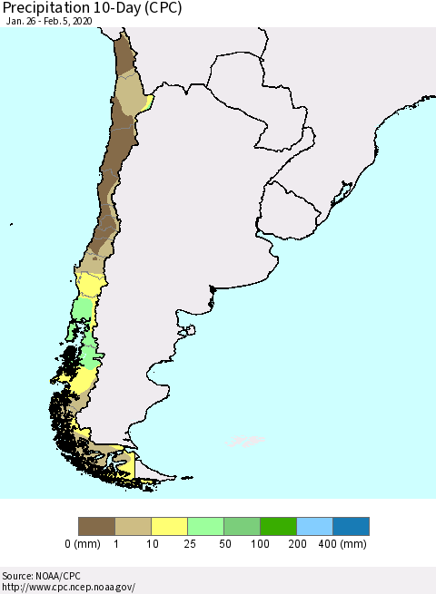 Chile Precipitation 10-Day (CPC) Thematic Map For 1/26/2020 - 2/5/2020