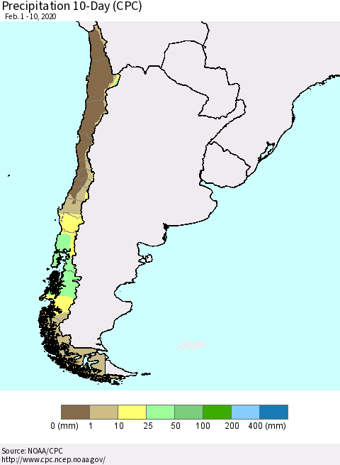 Chile Precipitation 10-Day (CPC) Thematic Map For 2/1/2020 - 2/10/2020