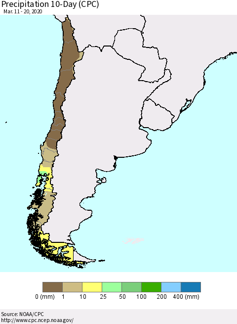 Chile Precipitation 10-Day (CPC) Thematic Map For 3/11/2020 - 3/20/2020