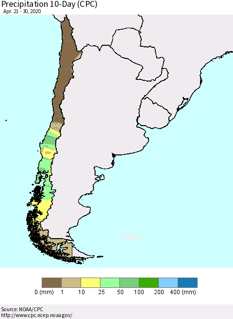 Chile Precipitation 10-Day (CPC) Thematic Map For 4/21/2020 - 4/30/2020