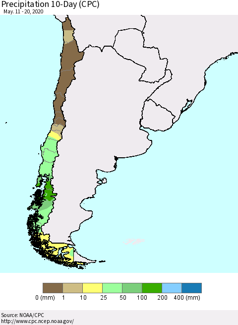 Chile Precipitation 10-Day (CPC) Thematic Map For 5/11/2020 - 5/20/2020