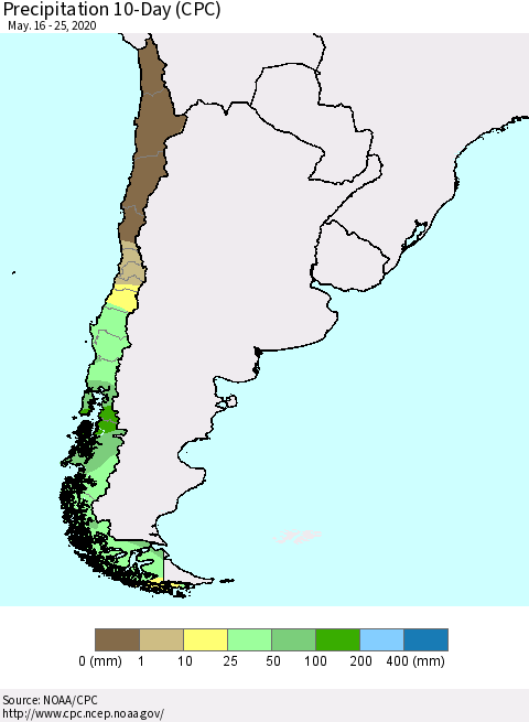 Chile Precipitation 10-Day (CPC) Thematic Map For 5/16/2020 - 5/25/2020