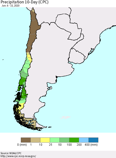 Chile Precipitation 10-Day (CPC) Thematic Map For 6/6/2020 - 6/15/2020