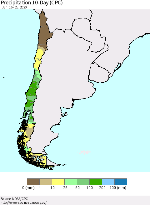 Chile Precipitation 10-Day (CPC) Thematic Map For 6/16/2020 - 6/25/2020