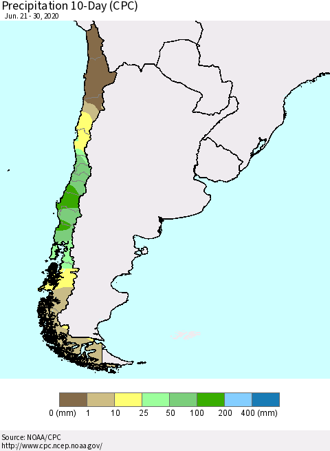 Chile Precipitation 10-Day (CPC) Thematic Map For 6/21/2020 - 6/30/2020