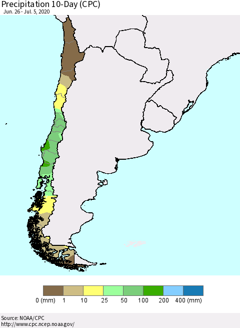 Chile Precipitation 10-Day (CPC) Thematic Map For 6/26/2020 - 7/5/2020