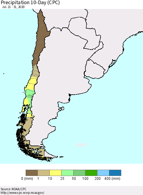 Chile Precipitation 10-Day (CPC) Thematic Map For 7/21/2020 - 7/31/2020