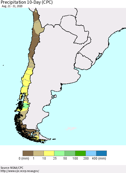 Chile Precipitation 10-Day (CPC) Thematic Map For 8/21/2020 - 8/31/2020
