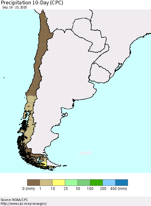 Chile Precipitation 10-Day (CPC) Thematic Map For 9/16/2020 - 9/25/2020