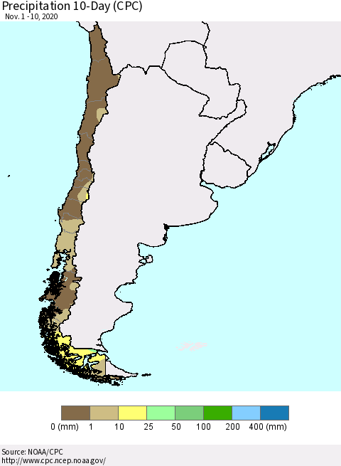 Chile Precipitation 10-Day (CPC) Thematic Map For 11/1/2020 - 11/10/2020