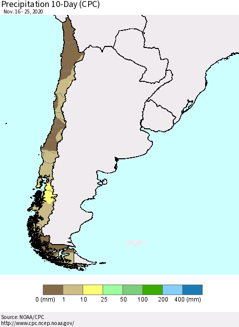 Chile Precipitation 10-Day (CPC) Thematic Map For 11/16/2020 - 11/25/2020