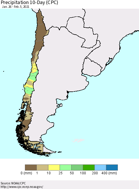 Chile Precipitation 10-Day (CPC) Thematic Map For 1/26/2021 - 2/5/2021