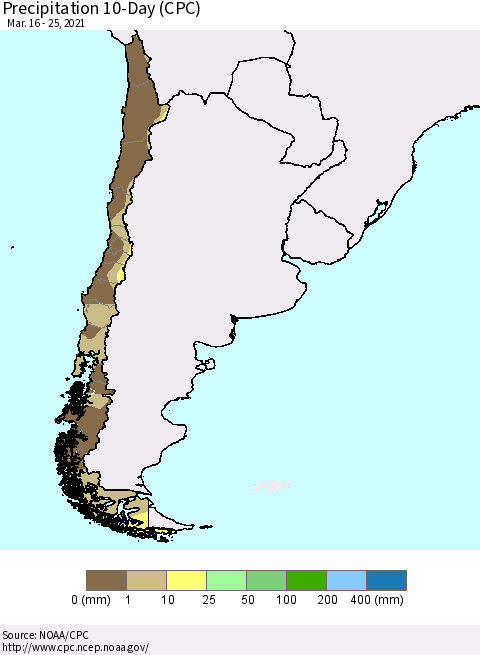 Chile Precipitation 10-Day (CPC) Thematic Map For 3/16/2021 - 3/25/2021
