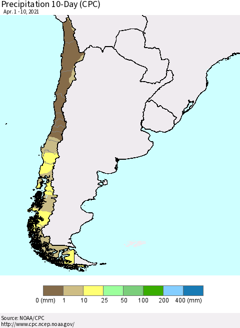 Chile Precipitation 10-Day (CPC) Thematic Map For 4/1/2021 - 4/10/2021