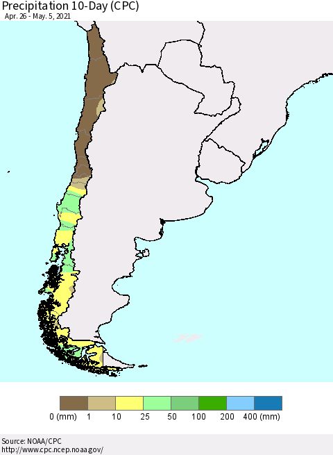Chile Precipitation 10-Day (CPC) Thematic Map For 4/26/2021 - 5/5/2021