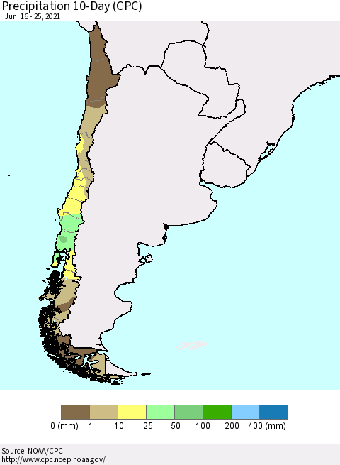 Chile Precipitation 10-Day (CPC) Thematic Map For 6/16/2021 - 6/25/2021