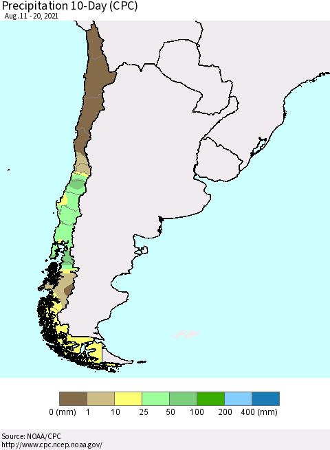 Chile Precipitation 10-Day (CPC) Thematic Map For 8/11/2021 - 8/20/2021