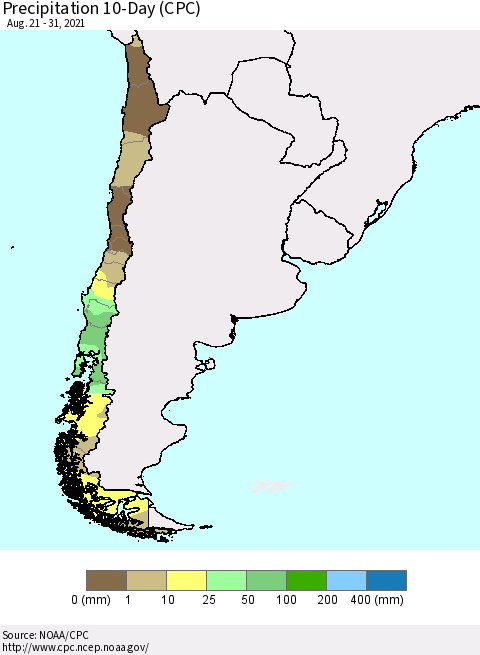 Chile Precipitation 10-Day (CPC) Thematic Map For 8/21/2021 - 8/31/2021