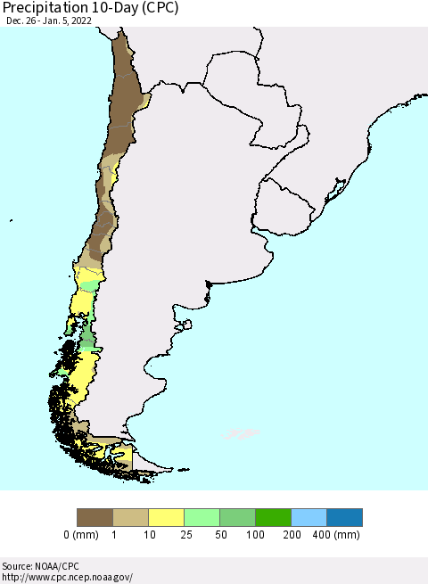 Chile Precipitation 10-Day (CPC) Thematic Map For 12/26/2021 - 1/5/2022