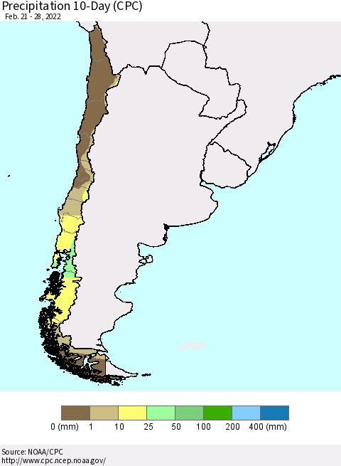 Chile Precipitation 10-Day (CPC) Thematic Map For 2/21/2022 - 2/28/2022