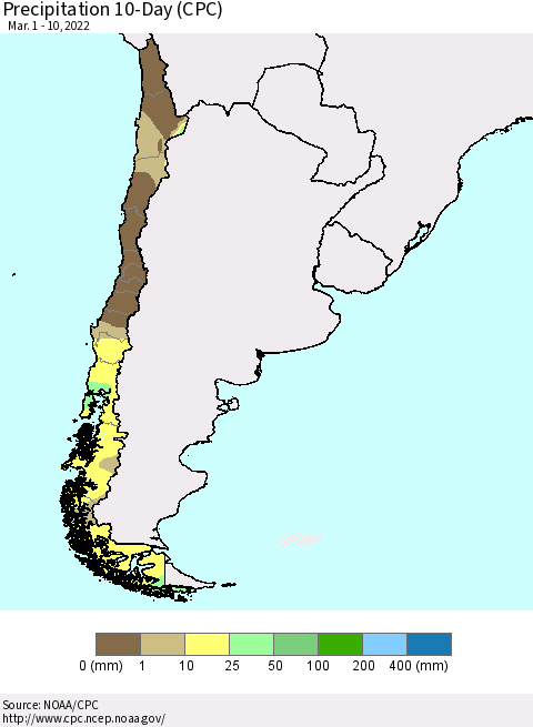 Chile Precipitation 10-Day (CPC) Thematic Map For 3/1/2022 - 3/10/2022