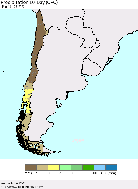 Chile Precipitation 10-Day (CPC) Thematic Map For 3/16/2022 - 3/25/2022
