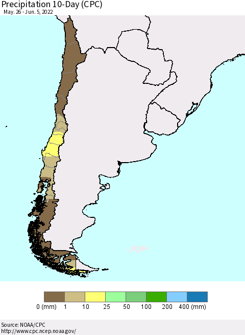 Chile Precipitation 10-Day (CPC) Thematic Map For 5/26/2022 - 6/5/2022
