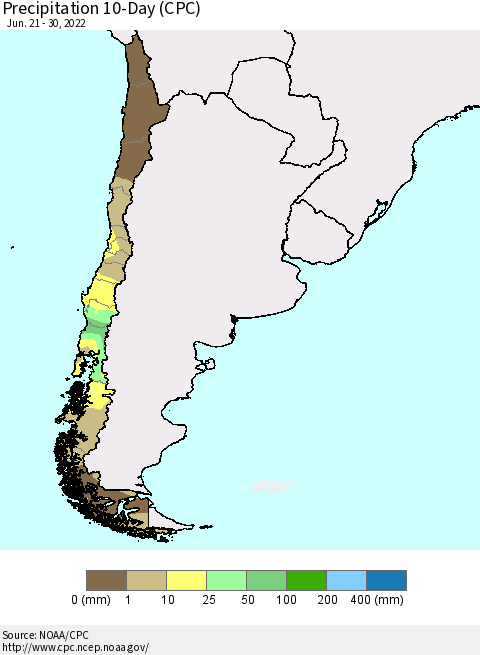 Chile Precipitation 10-Day (CPC) Thematic Map For 6/21/2022 - 6/30/2022