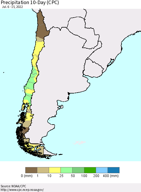 Chile Precipitation 10-Day (CPC) Thematic Map For 7/6/2022 - 7/15/2022