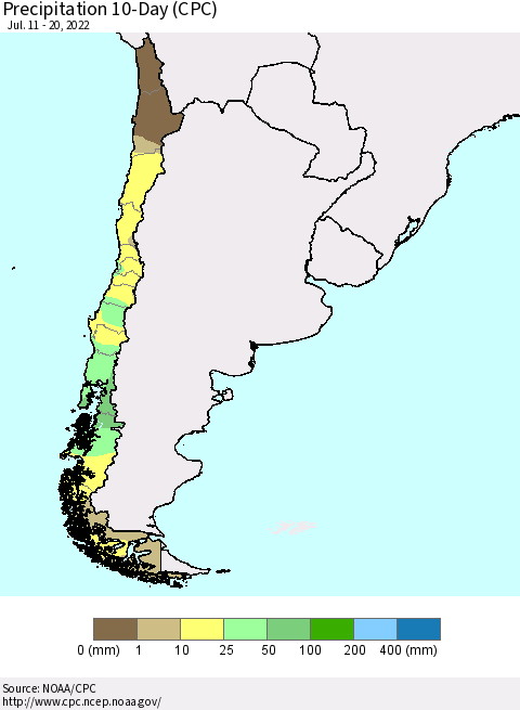 Chile Precipitation 10-Day (CPC) Thematic Map For 7/11/2022 - 7/20/2022