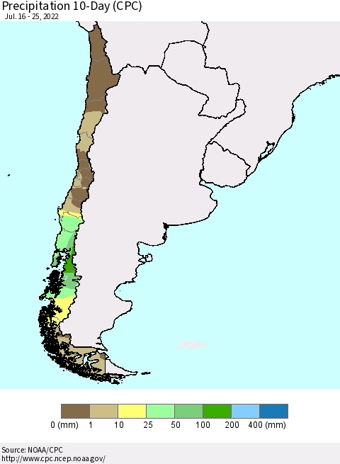 Chile Precipitation 10-Day (CPC) Thematic Map For 7/16/2022 - 7/25/2022